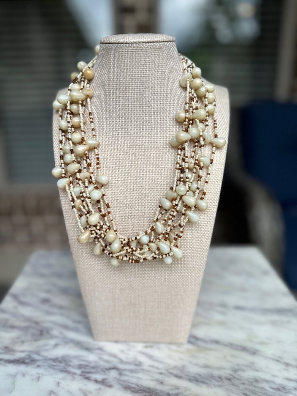 Chunky Necklace Island Tropical Beads Neutral Cream Brown Multi Strand Short